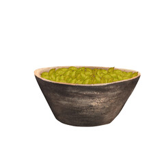 Terracotta ceramic bowl with cardamom. Kitchen cooking clipart. Spices condiments. Hand-drawn watercolor illustration