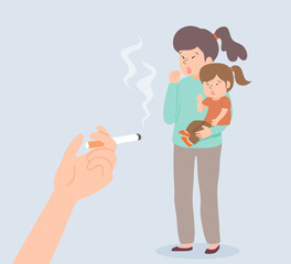 a mother and her child disturbed by cigarette smoke