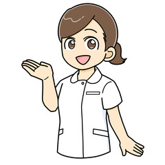 笑顔で紹介説明する女性の看護師のイラスト