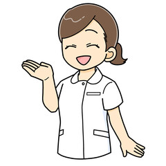 笑顔で紹介説明する女性の看護師のイラスト