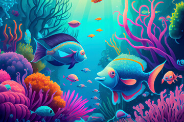 Naklejka na ściany i meble Beautiful underwater world with corals and tropical fish, ai illustration