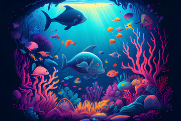 Naklejka na ściany i meble Beautiful underwater world with corals and tropical fish, ai illustration