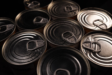 Background, texture from cans for tinned food, canned food, humanitarian aid concept