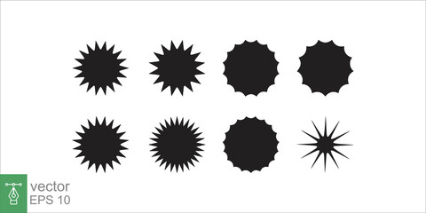 Set of vector starburst icons. Black round, circle sunburst badges on white background. Simple flat style vintage labels. Sale, promo stickers. EPS 10.