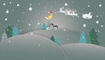 Country house landscape with Santa Claus in the sky at Christmas and Happy New Year.
