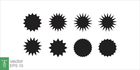 Set of vector starburst icons. Black round, circle sunburst badges on white background. Simple flat style vintage labels. Sale, promo stickers. EPS 10.