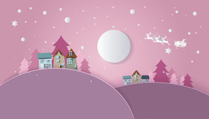 Country house landscape with Santa Claus in the sky at Christmas and Happy New Year.
