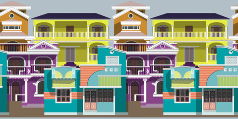 Pattern of houses with palm tree India flat vector illustration. A house with several floors in India on a neutral background with palm trees.