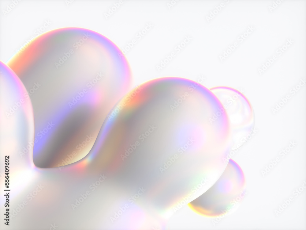 Poster abstract 3d art background. holographic floating liquid blobs, soap bubbles, metaballs.