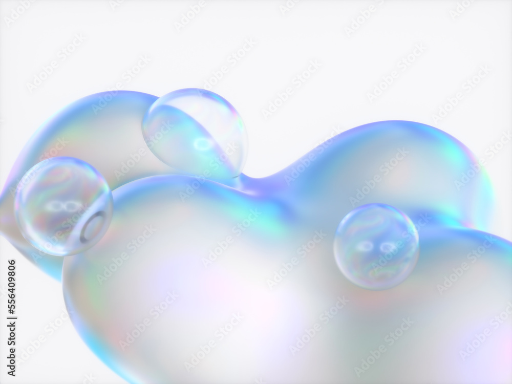 Poster abstract 3d art background. holographic floating liquid blobs, soap bubbles, metaballs.