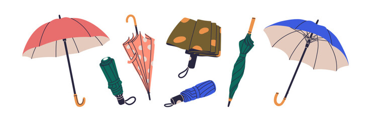 Open, closed and folded umbrellas set. Rain protection parasols for rainy weather. Protecting accessories with handles of different design, type. Flat vector illustrations isolated on white background © Good Studio