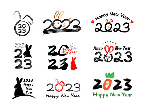 Set of 2023 Happy New Year logo typography design. 2023 number and rabbit design template. Collection of 2023 Happy New Year symbols. Vector illustration with labels isolated on white background.