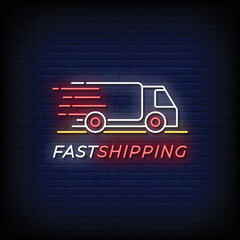 neon sign fast shipping with brick wall background vector illustration