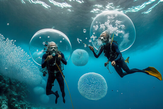 Couple Of People With Scuba Gear And Air Bubbles Engaged In Freediving