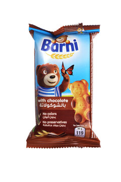 Magdalinovka, Ukraine - December 22, 2022. Barni chocolate cake biscuit bear in package isolated on white