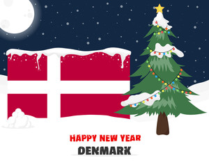 Happy new year in Denmark with Christmas tree and snow, banner or content design idea