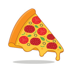 Hot pizza slice with topping melted cheese, tomato, sausage, olive & Fresh basil leaves.