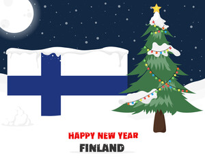 Happy new year in Finland with Christmas tree and snow, banner or content design idea