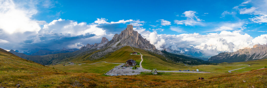 Scenic panorama view on Passo Giau in Dolomites national park, Italy