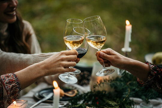 Smiling young woman toasting white wine with friends during an outdoor party. Young people enjoy at a party with a focus on wine glasses.
