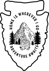 Camping emblem in arrowhead shape. Design element for poster, card, banner, emblem, sign. Vector illustration