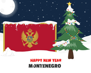 Happy new year in Montenegro with Christmas tree and snow, banner or content design idea