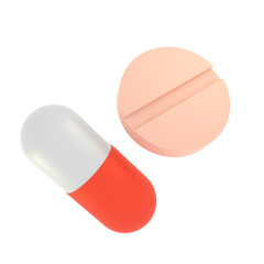 3D illustration of two medical pills isolated. Antibiotic in capsule, illness treatment concept. Medicine and science, health care. Pharmacy industry. White and red drug.