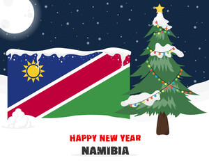 Happy new year in Namibia with Christmas tree and snow, banner or content design idea