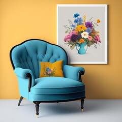 Green blue turquoise armchair with flower picture frame yellow wall created with AI