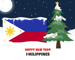 Naklejka premium Happy new year in Philippines with Christmas tree and snow, banner or content design idea