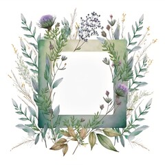 Watercolor frame with flowers and herbs created with AI