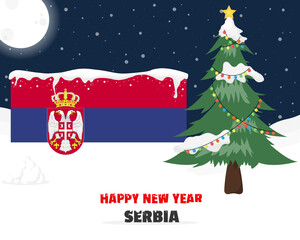Happy new year in Serbia with Christmas tree and snow, banner or content design idea