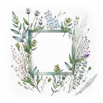 Watercolor frame with flowers and herbs created with AI