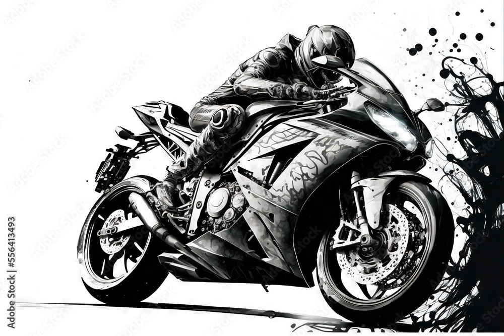 Poster  a drawing of a person riding a motorcycle on a track with spray paint on it's side and a tree behind it. Generative AI