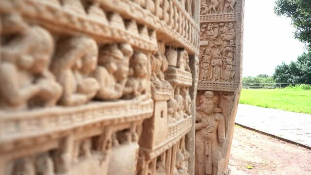 Rack Focus Through Pillar Carving At Stupa In Sanchi Near Bhopal, Madhya Pradesh, India.