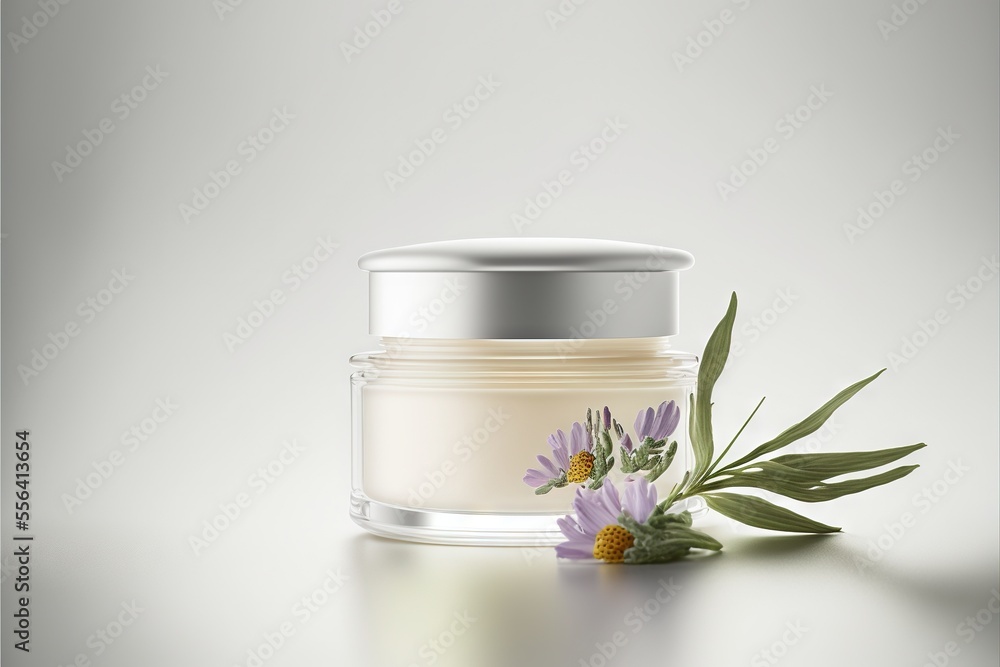 Poster a jar of cream with a flower on the side of it and a green leaf on the side of the jar. generative a