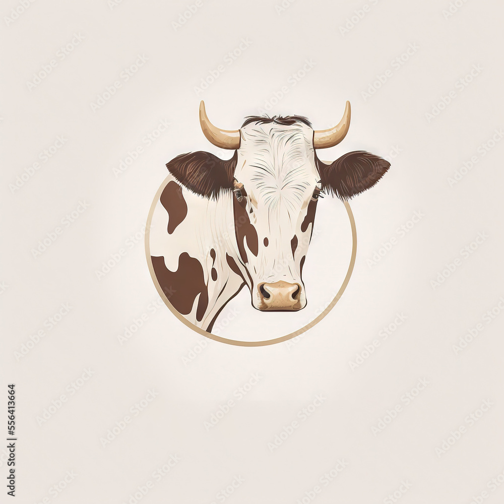 Poster a cow with horns is shown in a circle on a white background with a brown and white pattern on the fr
