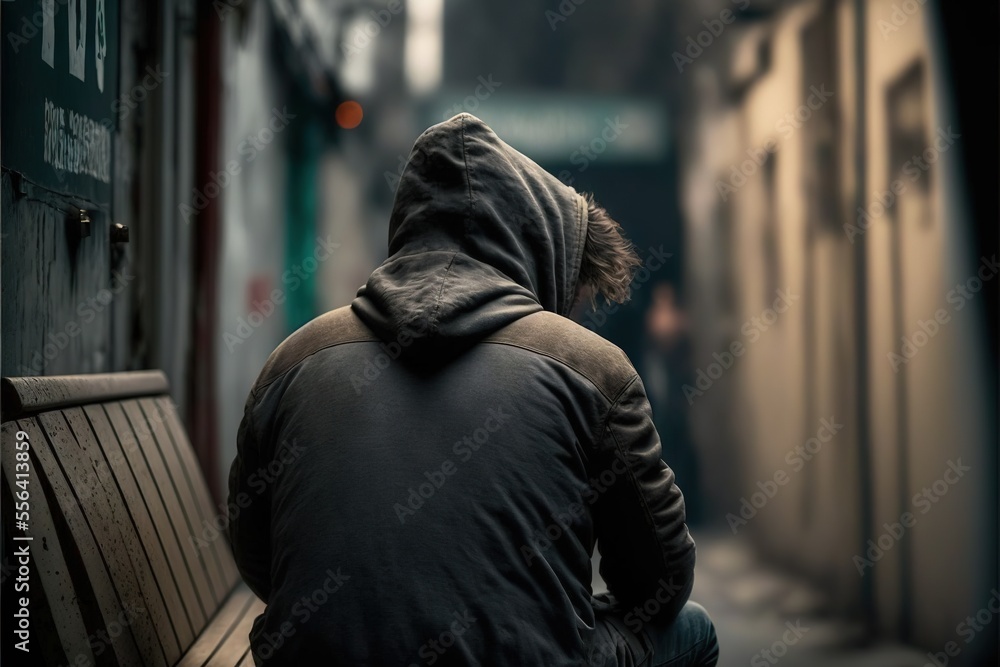 Poster a man sitting on a bench in a dark alleyway looking at something in the distance with a person walki