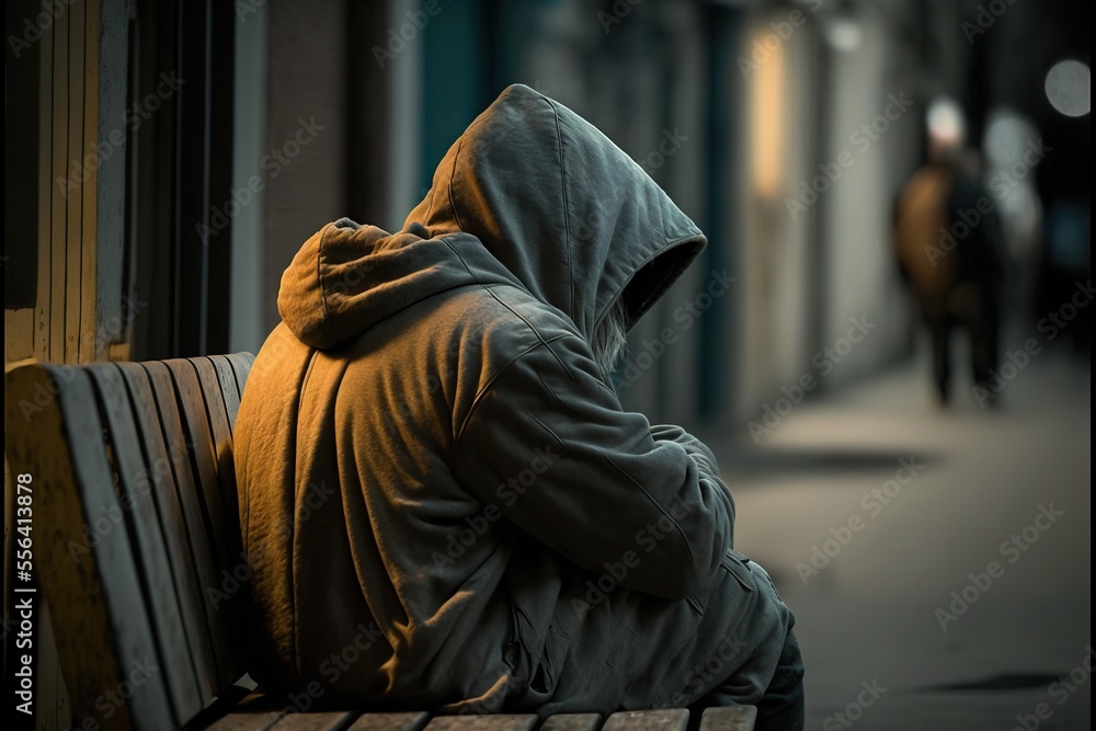 Poster a person sitting on a bench with a hood on and a person walking by behind them on a sidewalk. genera