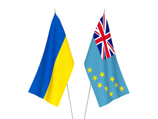 National fabric flags of Ukraine and Tuvalu isolated on white background. 3d rendering illustration.