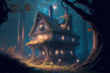 Fototapeta na wymiar Generative AI : a scary and mysterious wizard's cottage in the forest 