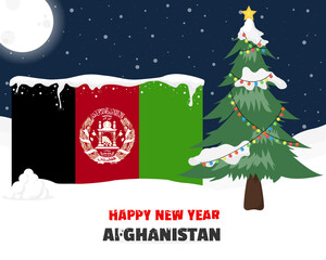 Happy new year in Afghanistan with Christmas tree and snow, banner or content design idea