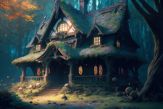 Generative AI : a scary and mysterious wizard's cottage in the forest	
