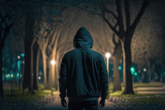  A Man In A Hooded Jacket Walking Down A Street At Night With Trees And Street Lights In The Background.