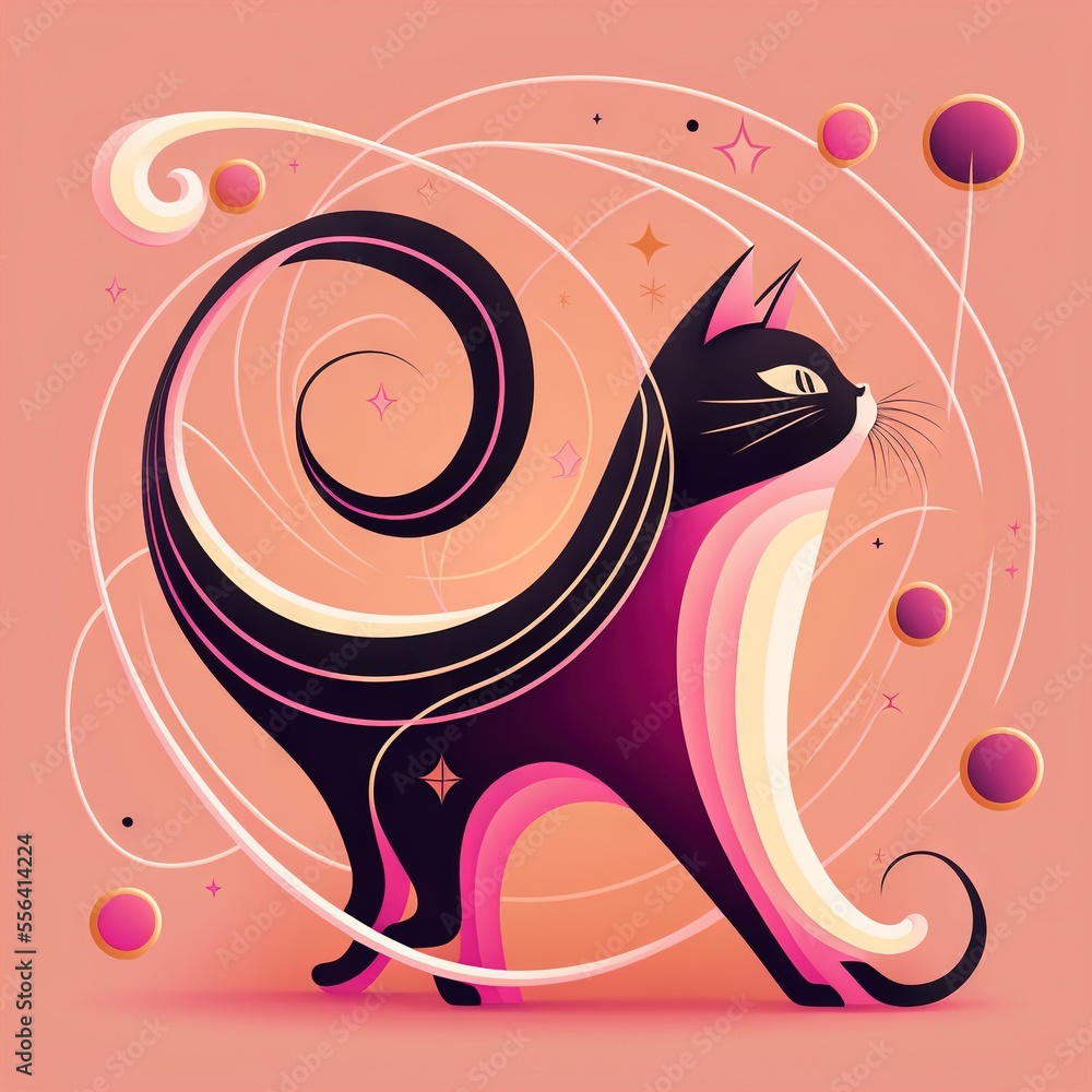 Poster a black cat with a pink background and bubbles around it. generative ai