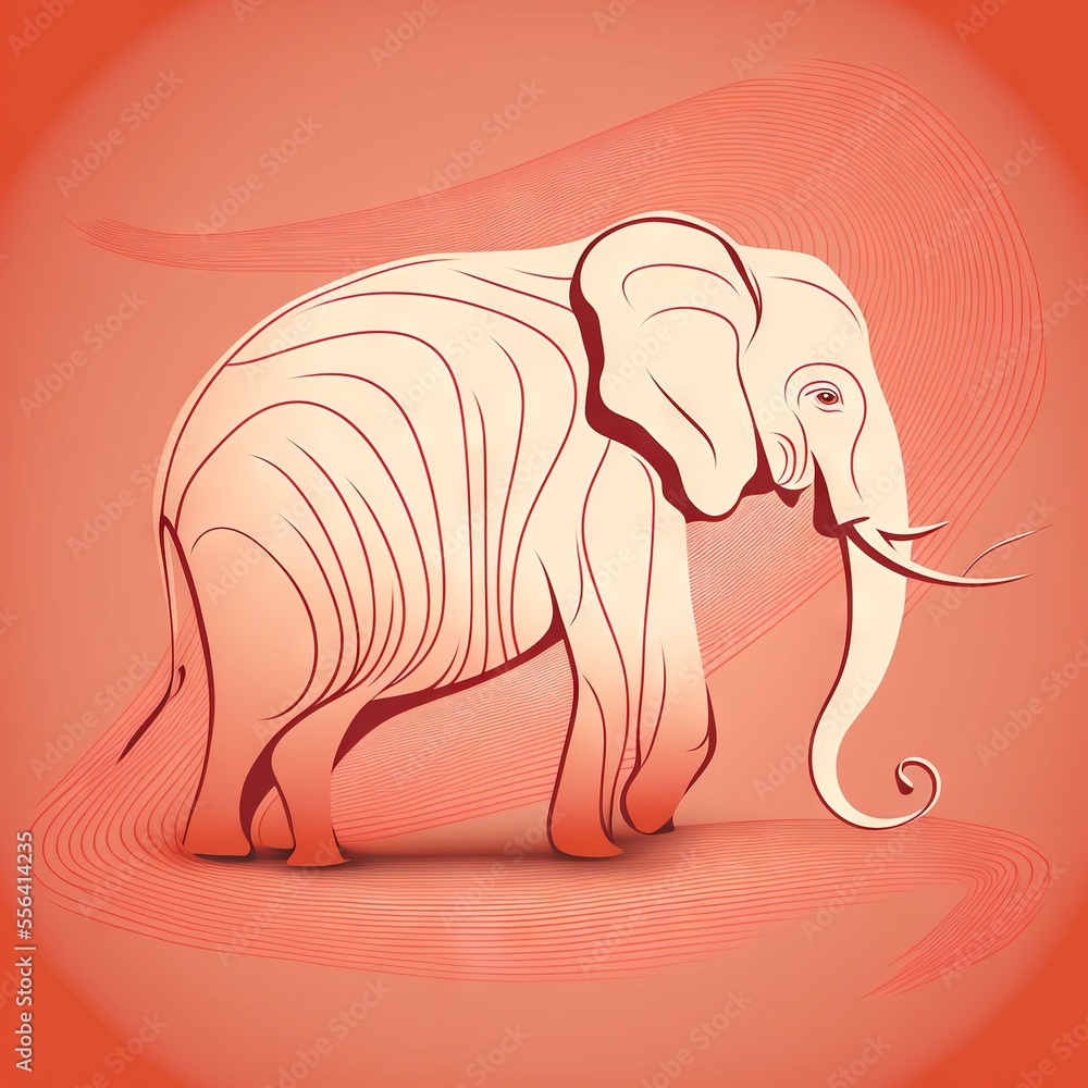 Poster a stylized elephant with a long trunk and tusks on a pink background with a swirly pattern. generati