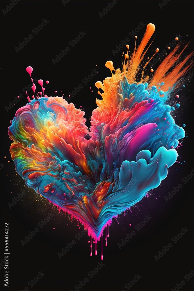 Poster a colorful heart shaped object with paint splatters on it's side and a black background with a black