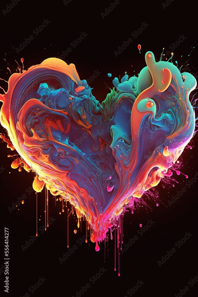 Poster a heart shaped object with paint splattered on it's side and a black background with a red. generati