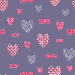 Love pattern on purple background with hand drawn hearts and word LOVE.
