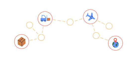 Supply chain and delivery concept. Warehousing, cargo transportation logistics. International freight service, goods shipment process scheme. Flat vector illustration isolated on white background
